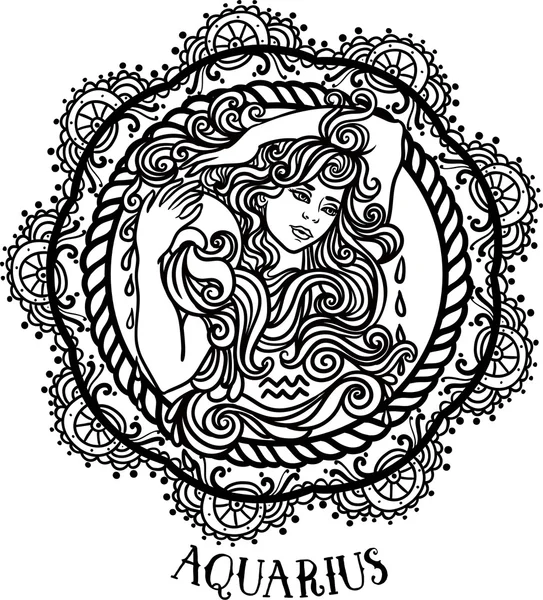 Detailed Aquarius Aztec Filigree Line Art Zentangle Style Tattoo Coloring — Stock Vector