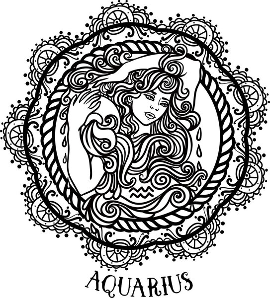 Detailed Aquarius in aztec filigree line art zentangle style. Tattoo, coloring page for adult. T-shirt design. Zodiac Aquarius tribal, decorative wool pattern. beautiful woman with jug of water Vector