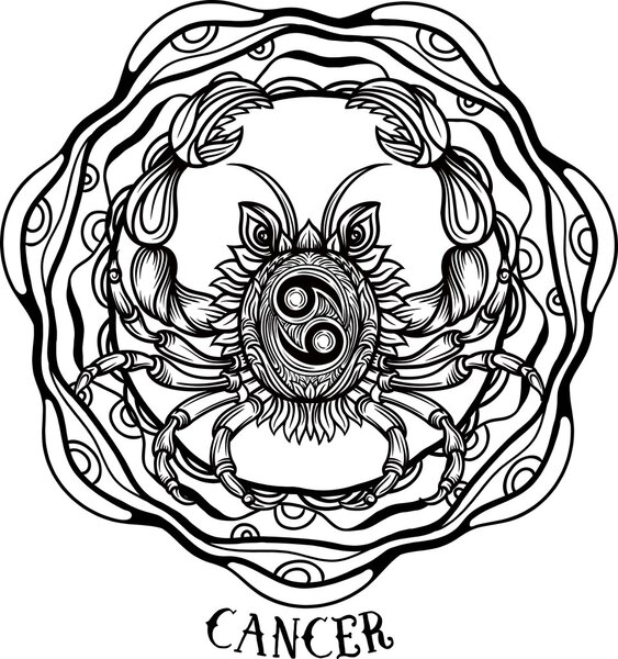 Hand drawn romantic beautiful line art of zodiac cancer. Vector illustration isolated. Ethnic design, mystic horoscope symbol for your use. Ideal for tattoo art, coloring books. Zentangle style.