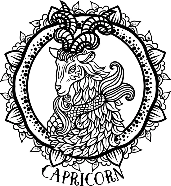 アステカ フィリグリー ライン アート Zentangle ペイズリー スタイルで詳細な山羊座 大人のためのページを着色のタトゥー シャツのデザイン 星座山羊座部族 — ストックベクタ