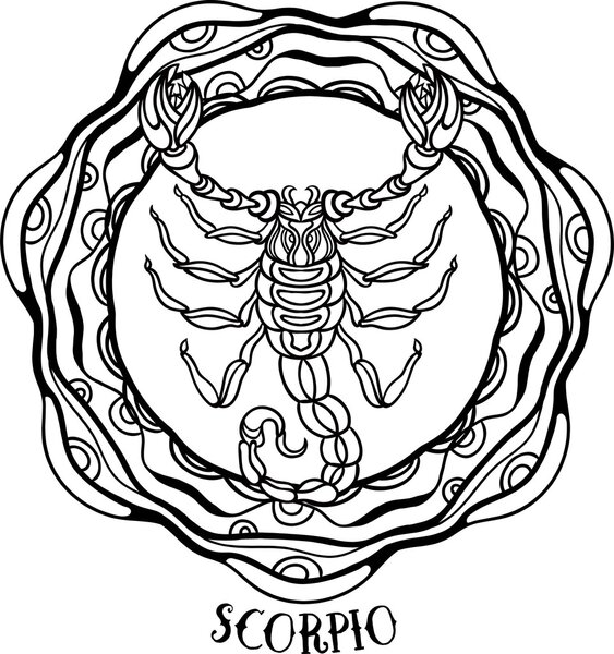 Detailed Scorpio in aztec filigree line art zentangle style. Tattoo, coloring page for adult. T-shirt design. Zodiac Virgo tribal, decorative wool pattern. Vector