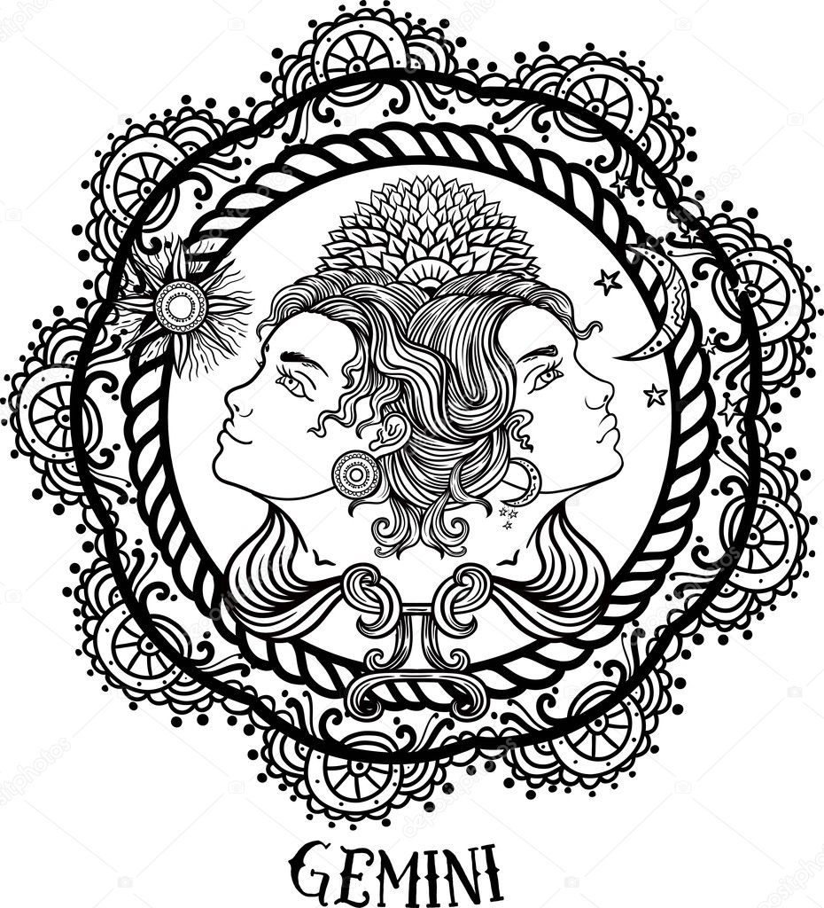 Hand drawn romantic beautiful line art of zodiac gemini. Vector illustration isolated. Ethnic design, mystic horoscope symbol for your use. Ideal for tattoo art, coloring books. Zentangle style.