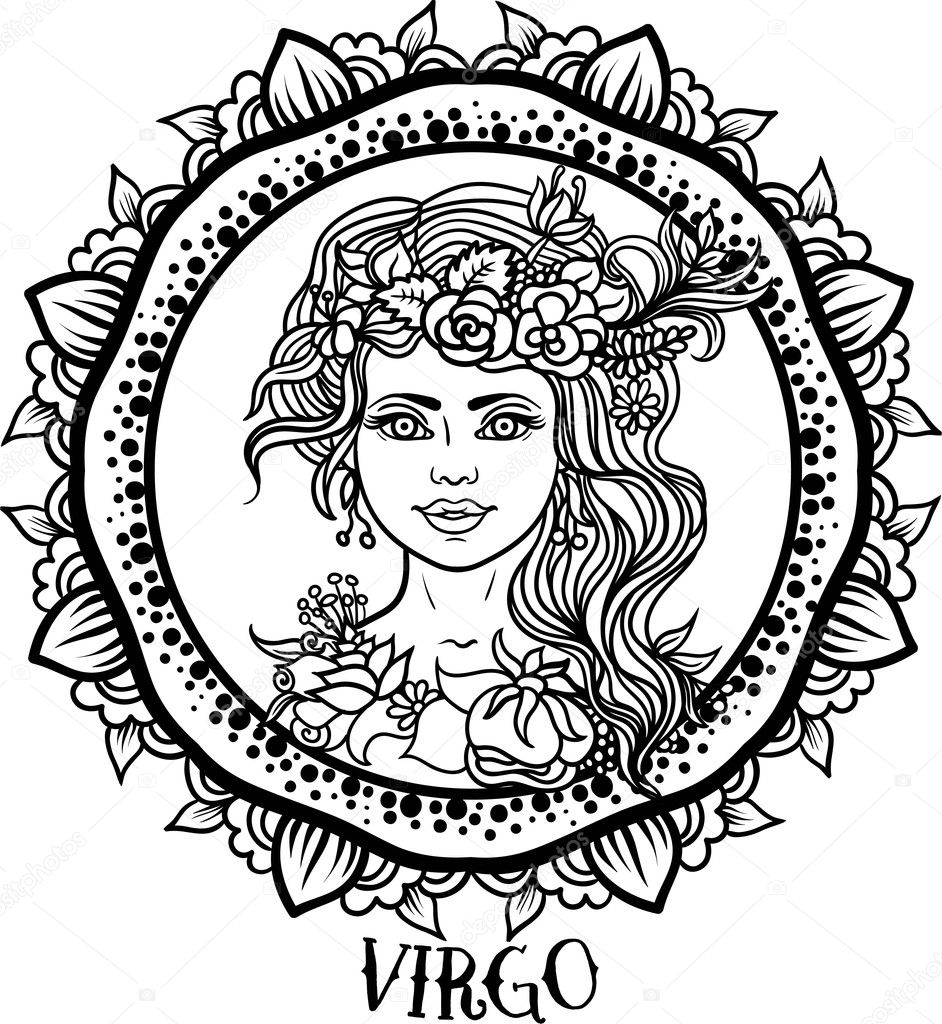 Detailed Virgo in aztec filigree line art zentangle style. Tattoo, coloring page for adult. T-shirt design. Zodiac Virgo tribal, decorative wool pattern. Vector