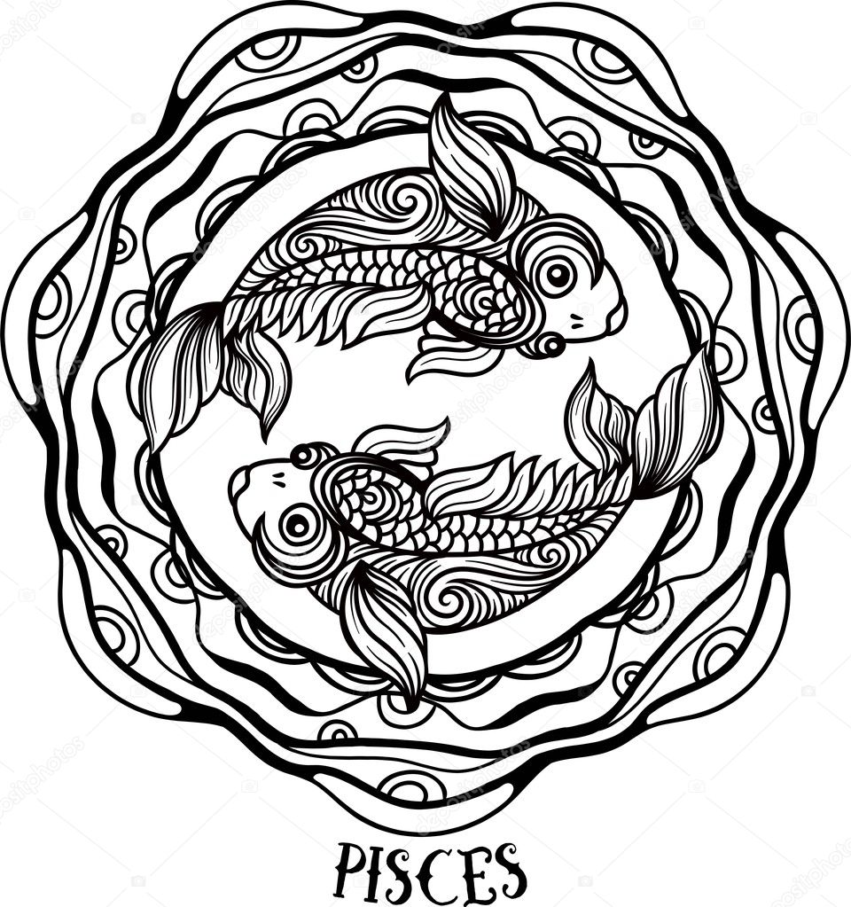 Detailed pisces in aztec filigree line art zentangle style. Tattoo, coloring page for adult. T-shirt design. Zodiac pisces tribal, decorative wool pattern. Vector