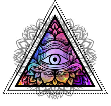 Üçgenin içinde çiçekli mandala ile üçüncü göz. Zentangle el çizim Boho tarzı. Yetişkin boyama kitabı ve meditasyon için rahatlayın. Suluboya, tebeşir, pastel, kalem dokusu. T-shirt tasarımı. Vektör