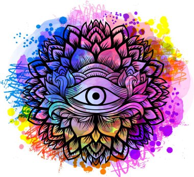 Hat sanatı Boho chic tarzı çizim çiçek mandala zentangle el ile üçüncü göz. Yetişkin renklendirme kitap ve meditasyon için rahatla. Suluboya, tebeşir, pastel, doku olacaklar. T-shirt tasarım. Vektör