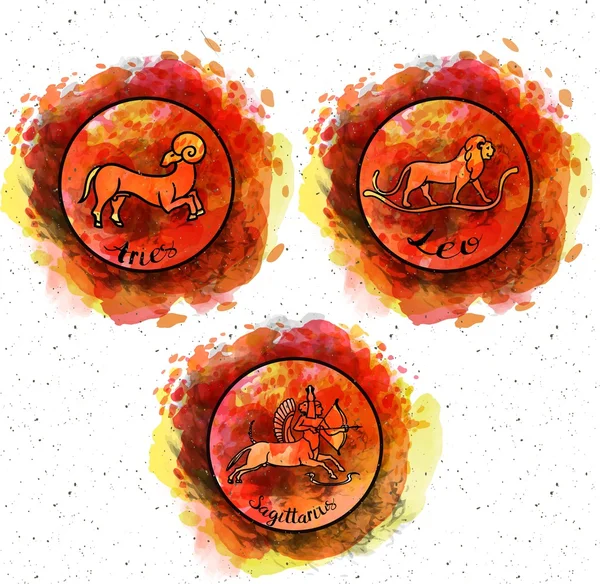 Sada Příznaků Požárních Prvků Zvěrokruhu Astrologie Textury Akvarel Horoskopické Ikony — Stockový vektor