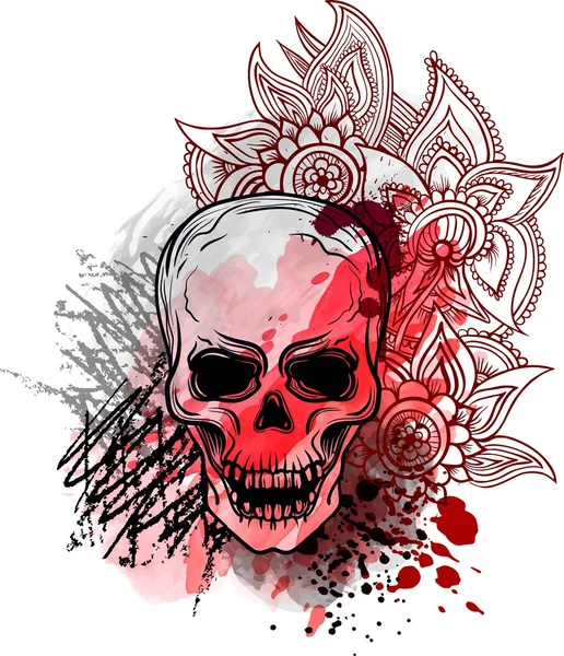 Lebka Krvavým Koláčem Květinkama Styl Tetování Staré Školy Akvarel Křída — Stockový vektor