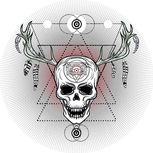 Crâne Avec Cornes Cerf Plumes Troisième Œil Géométrie Sacrée Alchimie — Image vectorielle