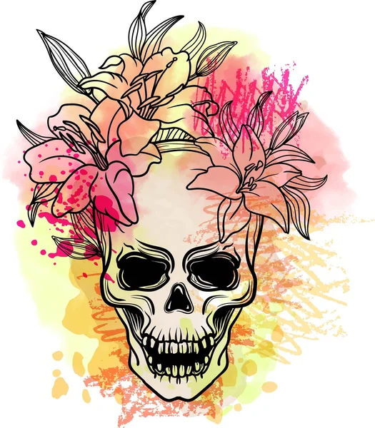 Crâne Poubelle Avec Éclaboussures Sang Fleurs Lis Trash Polka Old — Image vectorielle