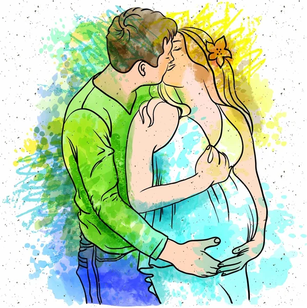 Ilustración Creativa Universal Embarazada Con Marido Marido Abraza Esposa Pintura — Vector de stock