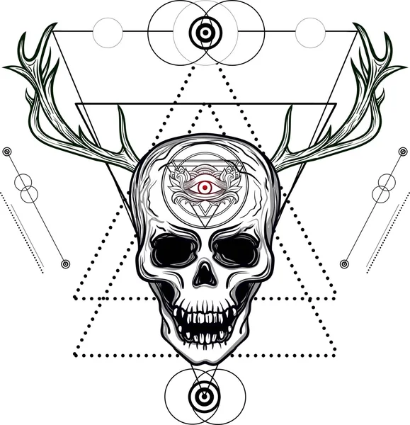 Skull Deer Horns Feathers Third Eye Sacred Geometry Alchemy Religion — Stock Vector
