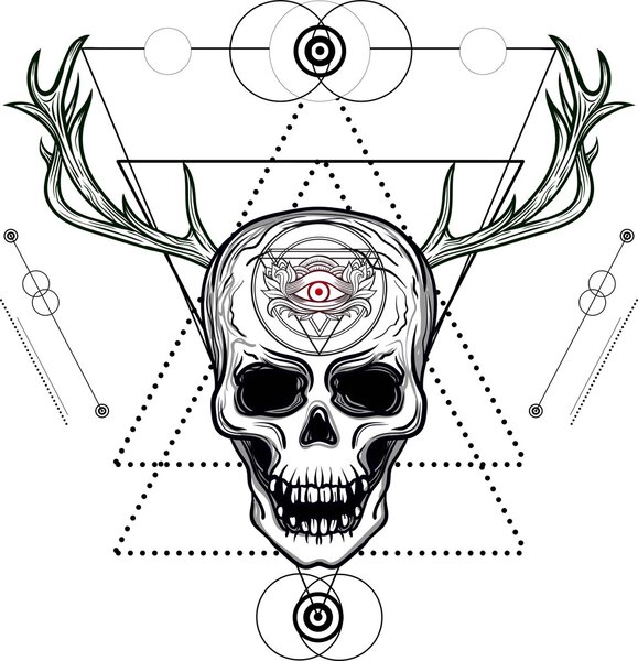 Skull with deer horns, feathers and third eye. Sacred geometry, Alchemy, religion, philosophy, spirituality. Dotwork blackwork hipster style tattoo.Vector artwork.