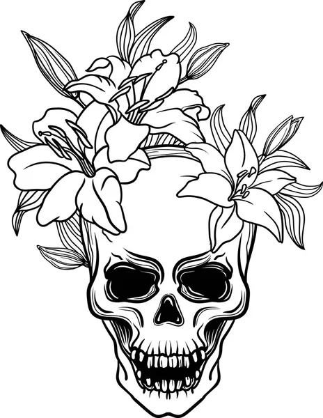 Hand Drawn Trash Skull Lily Flower Blackwork Old School Vintage — Stock Vector