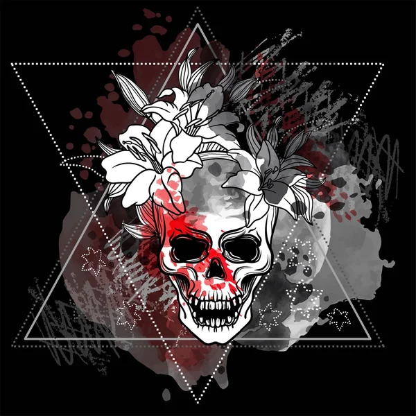 Trash Skull Blood Splatter Lily Flowers Trash Polka Old School — Stock Vector