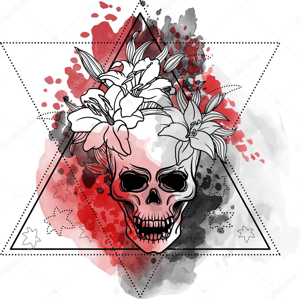 Trash skull with blood splatter and lily flowers. Trash polka old school tattoo style. Watercolor, dotwork. Sacred Geometry with triangles Vector.