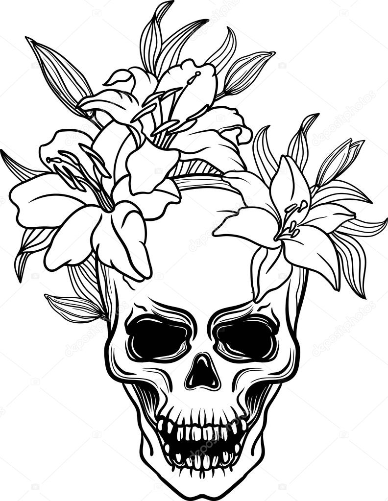 Main Dessiné Trash Crâne Avec Fleur Lys Blackwork Old School