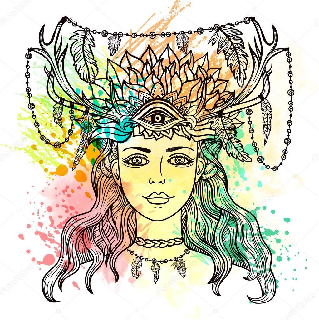 Female shaman with third eye, Feathers, horns . Alchemy, religion, spirituality, occultism, tattoo line zentangle hipster art, coloring books. Watercolor, chalk pastels pencils texture vector