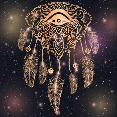 Kızılderili Hint tılsım dreamcatcher sihirli göz ve tüyleri ile. Etnik, boho chic, kabile simgesi. Boyama kitabı, dövme, mehendi vektör hipster illüstrasyon altın kızdırma ve glitter için.