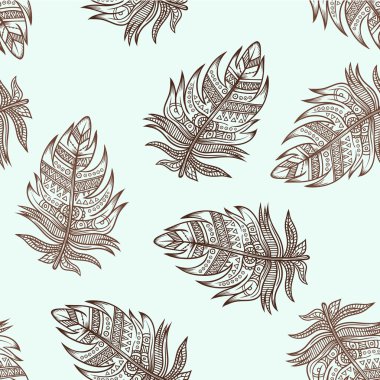 Dikişsiz desen süs Zentangle Boho stil tüyler... Vektör çizim. Dövme şablonu. Son moda el kabile sembol çekilmiş. Hippi tasarım öğeleri. Boyama kitabı sayfaları yetişkinler için.