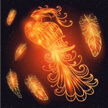 Sihirli boşluk Firebird horoz yıldız ile ateş. vektörel clipart altın kızdırma ve glitter. Süslü telkari. Boho zentangle hat sanat doodle. Dövmeler, vücut sanatı, boyama, vintage yeni yıl tasarım için uygun