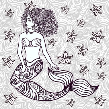 El çekilmiş güzel sanat deniz kızı kıvırcık saçlı, yosun, kaya midyeleri. Deniz, fantezi, maneviyat, mitoloji, dövme sanat, boyama kitapları. İzole vektör hat zentangle sanat doodle. Okyanus kümesi