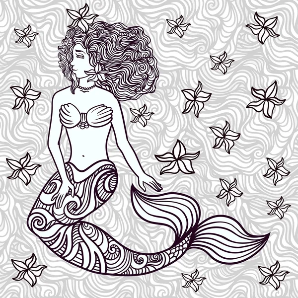 Handgezeichnete Schöne Kunstwerk Meerjungfrau Mit Lockigem Haar Algen Seepocken Meer — Stockvektor