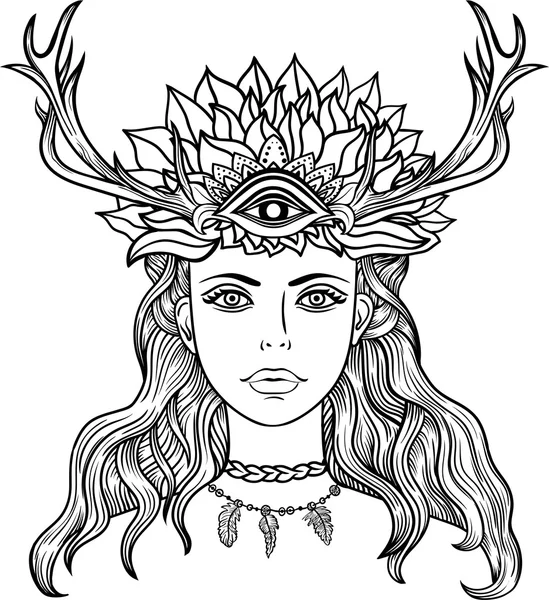 Hand Drawn Beautiful Artwork Female Shaman Third Eye Alchemy Religion — Stock Vector