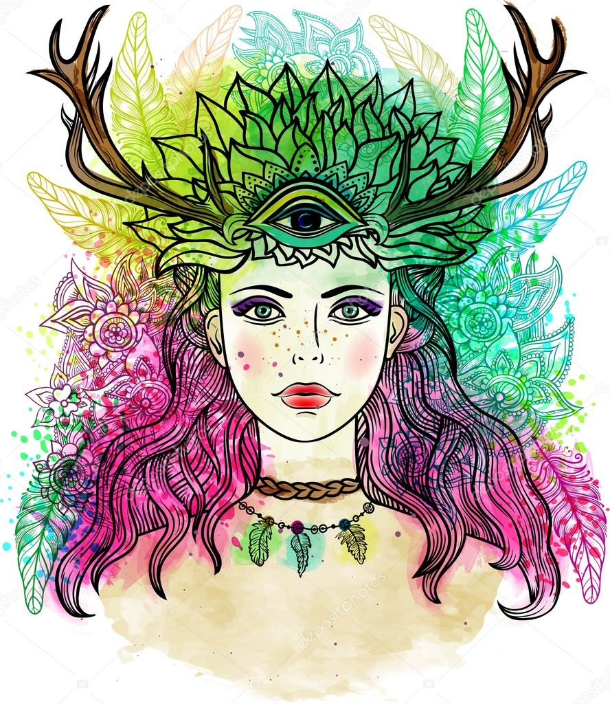 Female shaman with third eye, Feathers, horns . Alchemy, religion, spirituality, occultism, tattoo line zentangle hipster art, coloring books. Watercolor, chalk pastels pencils texture vector