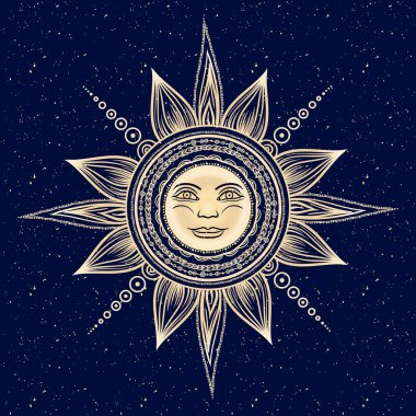 Vintage elle çizilmiş güneş tutulması. Mehdi zentangle boho chic hat sanat vektör çizim. Ezoterik manevi etnik maskotu. Dövme, boyama, tişört tasarım