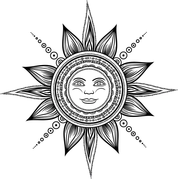 Vintage Eclipse Sol Dibujado Mano Mehendi Zentangle Boho Chic Ilustración — Archivo Imágenes Vectoriales