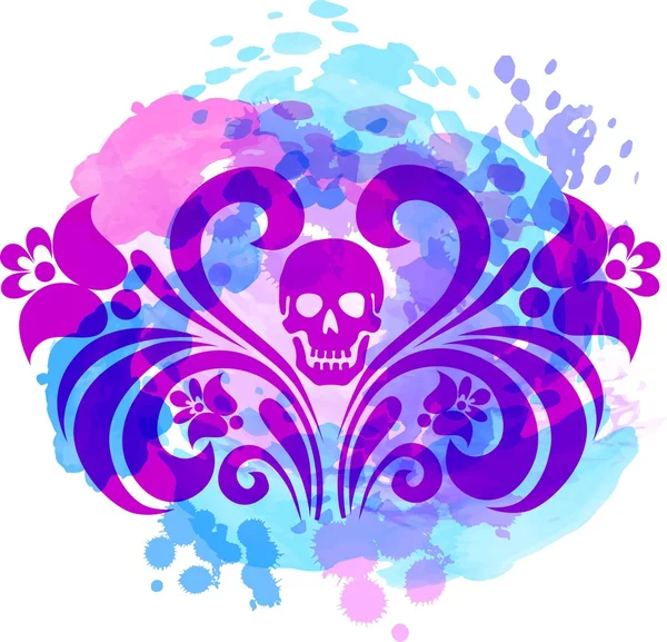 Cráneo Con Alas Florales Diseño Camiseta Acuarela Color Tiza Lápices — Vector de stock