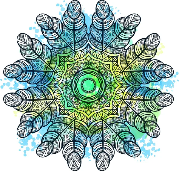 Mandala Con Plumas Dibujadas Mano Caleidoscopio India Patrón Zentangle Garabato — Archivo Imágenes Vectoriales
