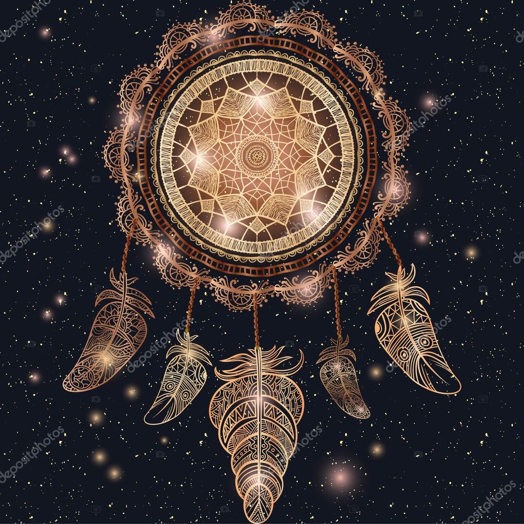 美洲印第安人护身符Dreamcatcher 与魔法曼荼罗和羽毛波西米亚别致部落象征为着色书Mehendi  矢量时髦例证金子发光和闪光图库矢量图©shik-shik 122400614, image size:1023x1023