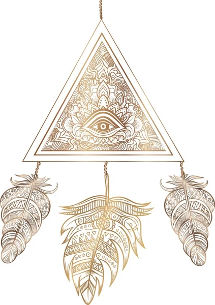 Amérindien Talisman Dreamcatcher Avec Oeil Magique Pyramide Plumes Ethnique Boho — Image vectorielle