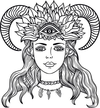 El güzel sanat eseri dişi shaman üçüncü göz ve koç boynuzu ile çekilmiş. Simya, maneviyat, çizgi zentangle hipster resimleri, boyama kitapları dövme. Vektör illüstrasyon izole. Tüyler, boynuz