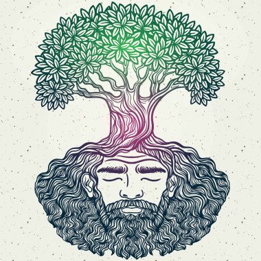 Sakallı adam. Alegorik ağaç ruhu. Kökler sakal. Hipster tattoo, Yetişkin, çevre tasarım, tişört boyama için baskı, çevreyi korumak. Model, zentangle, hat sanatı. Büyü, Boho chik, hippi
