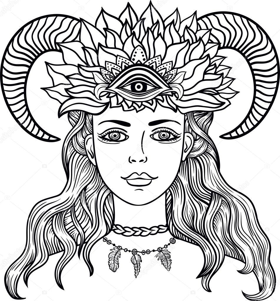 Hand drawn beautiful artwork of female shaman with third eye and ram horn . Alchemy, spirituality, tattoo line zentangle hipster art, coloring books.Isolated vector illustration. Feathers, horns