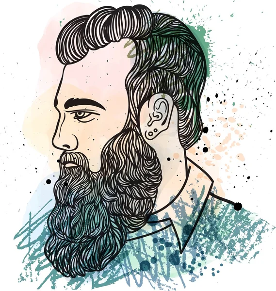 Hand Drawn Sketch Fashion Illustration Bearded Man Shirt Print Watercolor — Stock Vector