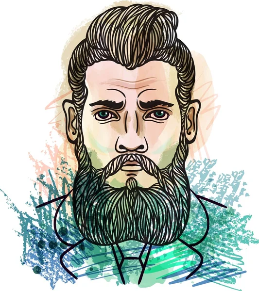 Bearded man. Watercolor texture. — Stock Vector