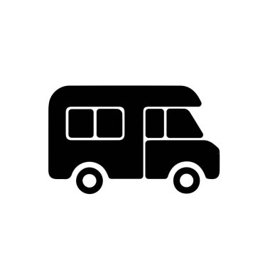 Araba ikonu. Seyahat sembolü. Beyaz arka planda bir tatil arabası. Uzun tatil, keşif, macera. Düz tasarım biçimi