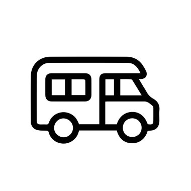 Araba ikonu. Seyahat sembolü. Beyaz arka planda bir tatil arabası. Uzun tatil, keşif, macera. Tasarım biçimi