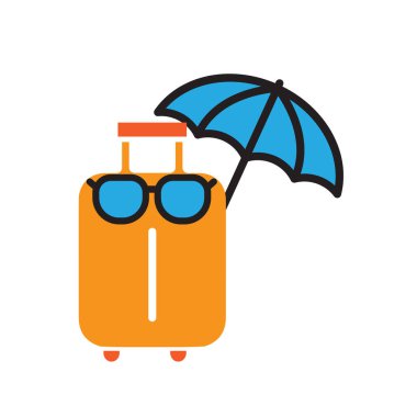 Tatil ikonu. Seyahat et. Güneş gözlüğü ve plaj şemsiyeli bavul. Uzun bir tatil, sahil, macera. Düz tasarım biçimi.