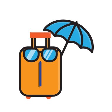 Tatil ikonu. Seyahat et. Güneş gözlüğü ve plaj şemsiyeli bavul. Uzun bir tatil, sahil, macera. Isometric tasarım biçimi.