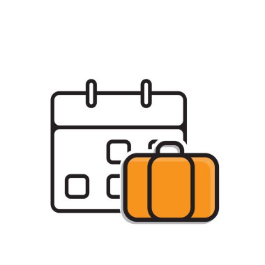 Tatil ikonu. Seyahat et. Arkasında takvim olan bir sırt çantası. Uzun bir tatil, sahil, macera. Karışık tasarım biçimi.