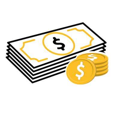 Para ikonu. Bir sürü para ve banknot. Ekonomi, iş, basit. Karışık tasarım biçimi.