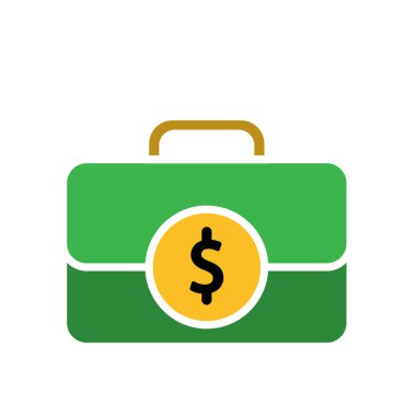 Business icon. Briefcase with a dollar coin in the middle. Economics, business, banking. Flat design style.