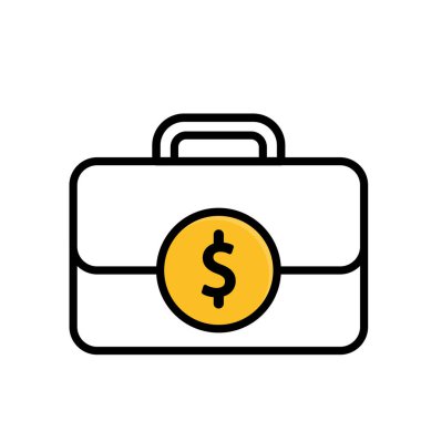 Business icon. Briefcase with a dollar coin in the middle. Economics, business, banking. Mixed design style.