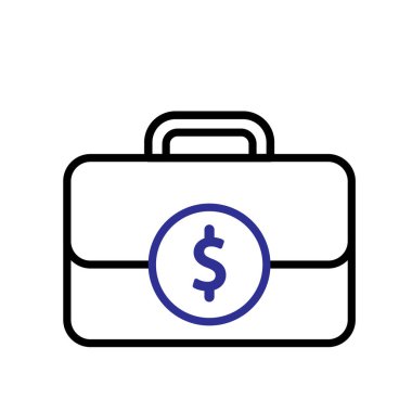 Business icon. Briefcase with a dollar coin in the middle. Economics, business, banking. Outline design style.