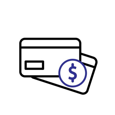 Kredi kartı ikonu. Üzerinde dolar sembolleri olan iki kredi kartı. Ekonomi, iş, bankacılık. Tasarım biçimi.